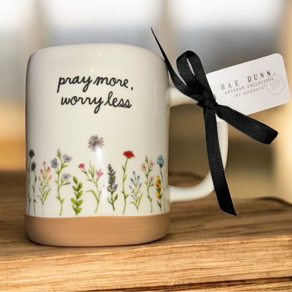 Rae Dunn ‘Pray More Worry Less’ Floral Mug NWT